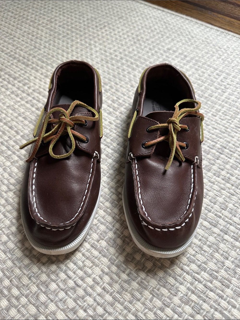 Sperry Kids Brown Leather Moccasins with Yellow-Green Laces